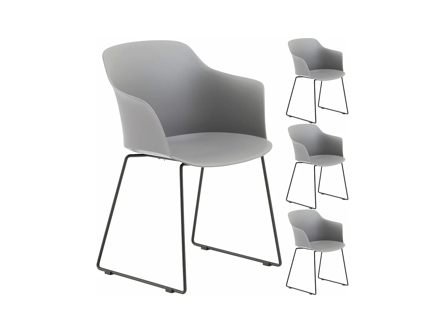 Lot de 4 chaises de jardin FORO fauteuil d'extérieur en plastique gris résistant aux UV et pieds en métal noir