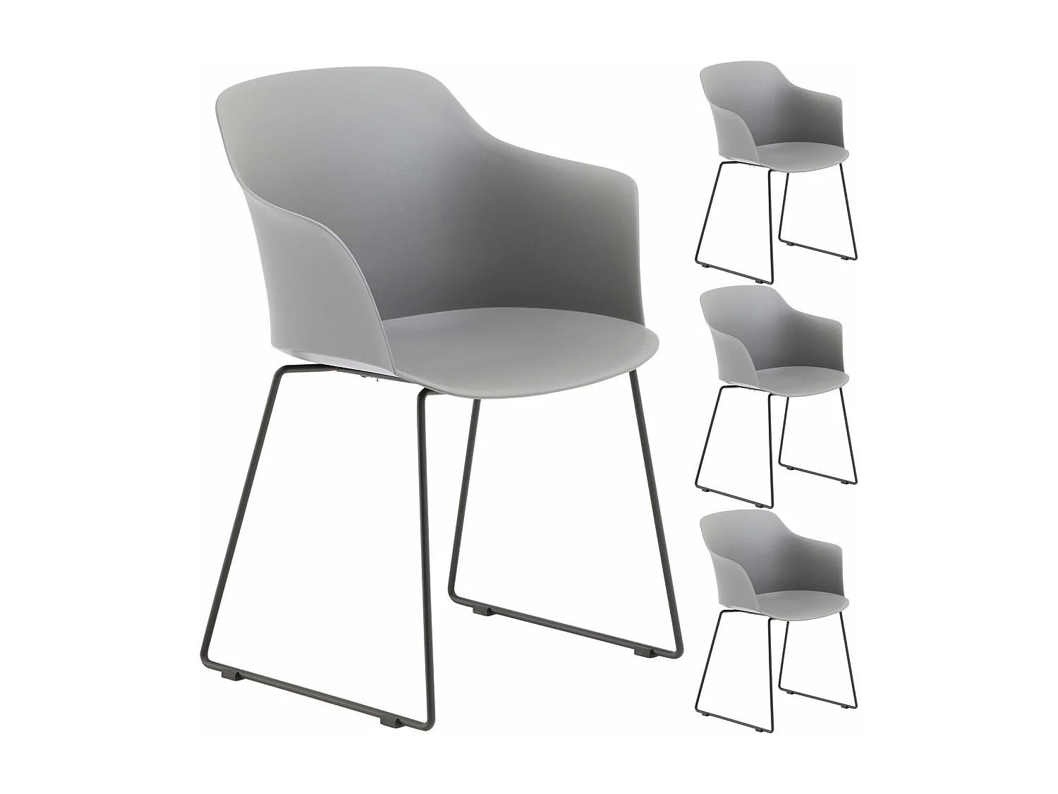 Lot de 4 chaises de jardin FORO fauteuil d'extérieur en plastique gris résistant aux UV et pieds en métal noir
