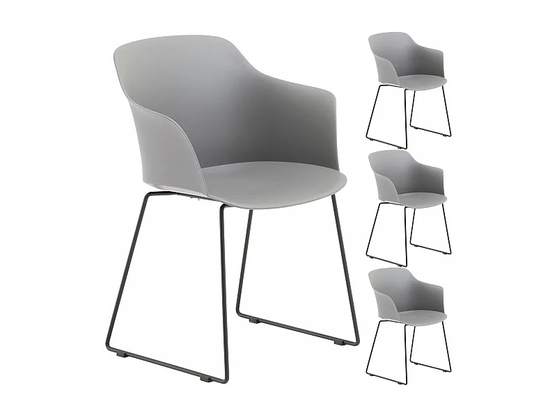 Lot de 4 chaises de jardin FORO fauteuil d'extérieur en plastique gris résistant aux UV et pieds en métal noir