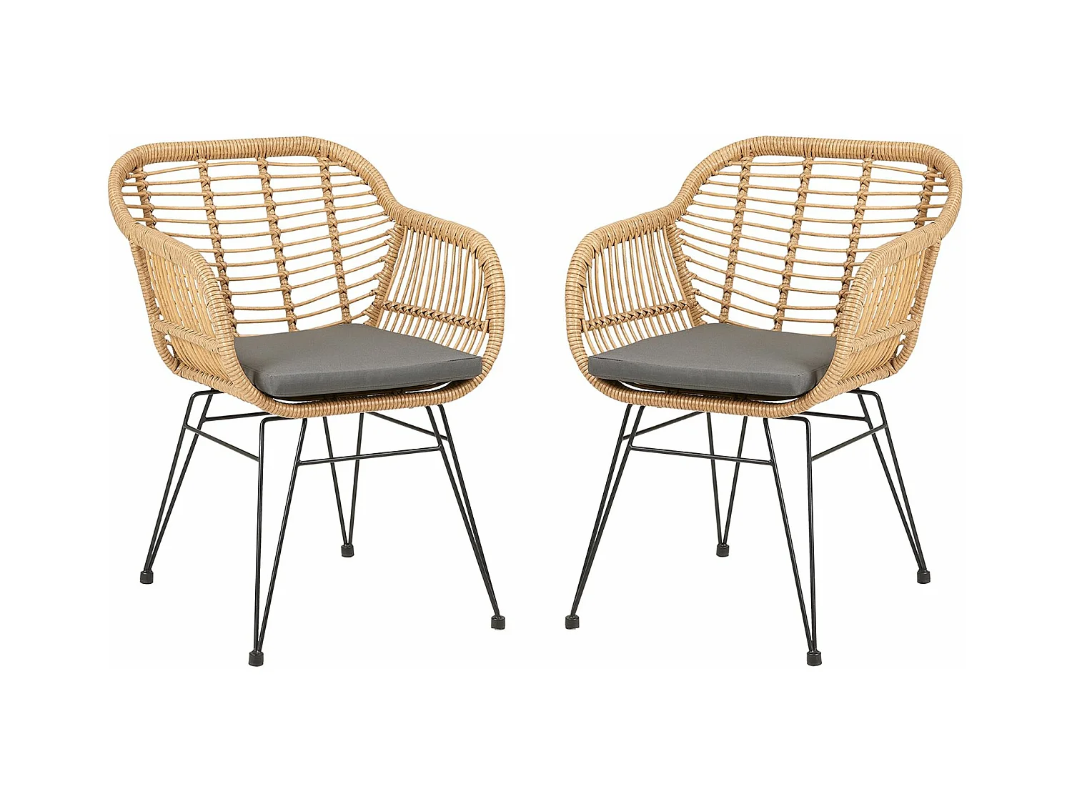 Lot de 2 chaises de jardin PARAMO imitation rotin, fauteuil pour terrasse ou balcon en polyrattan résistant aux UV et métal noir