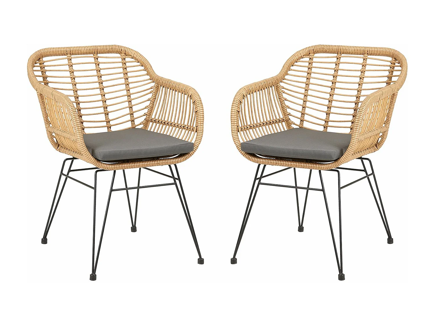 Lot de 2 chaises de jardin PARAMO imitation rotin, fauteuil pour terrasse ou balcon en polyrattan résistant aux UV et métal noir