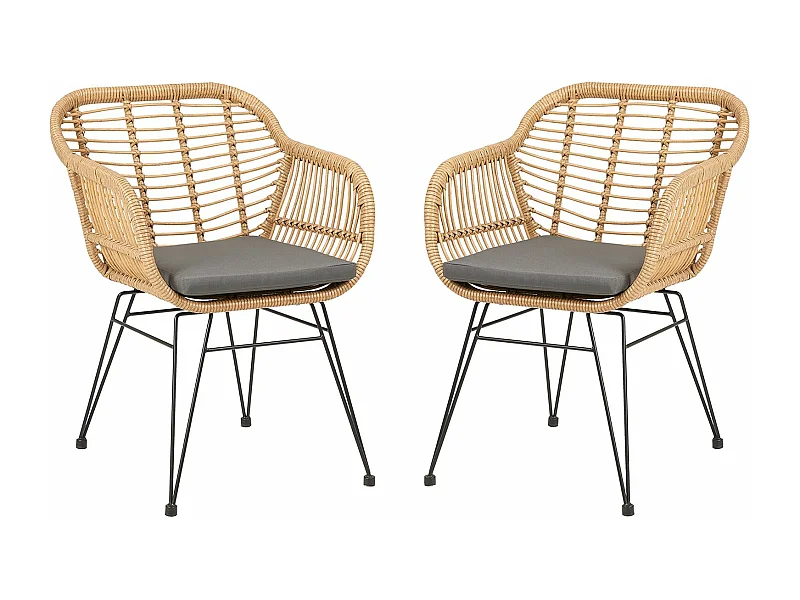 Lot de 2 chaises de jardin PARAMO imitation rotin, fauteuil pour terrasse ou balcon en polyrattan résistant aux UV et métal noir