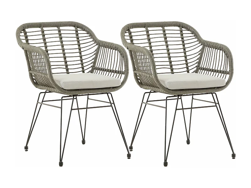 Lot de 2 chaises de jardin PARAMO, imitation rotin gris fauteuil d'extérieur pour terrasse ou balcon résistant aux UV