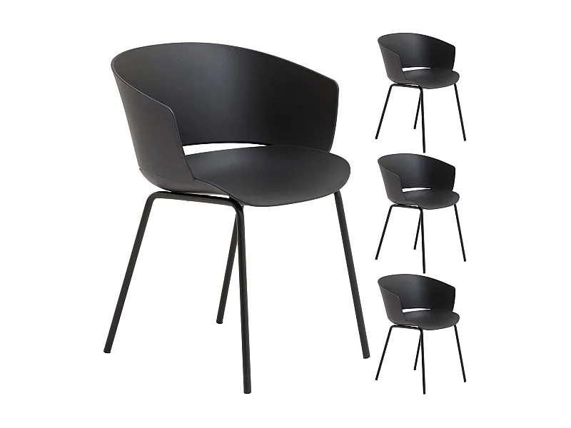 Lot de 4 chaises de jardin NIVEL fauteuil d'extérieur en plastique noir résistant aux UV et pieds en métal noir