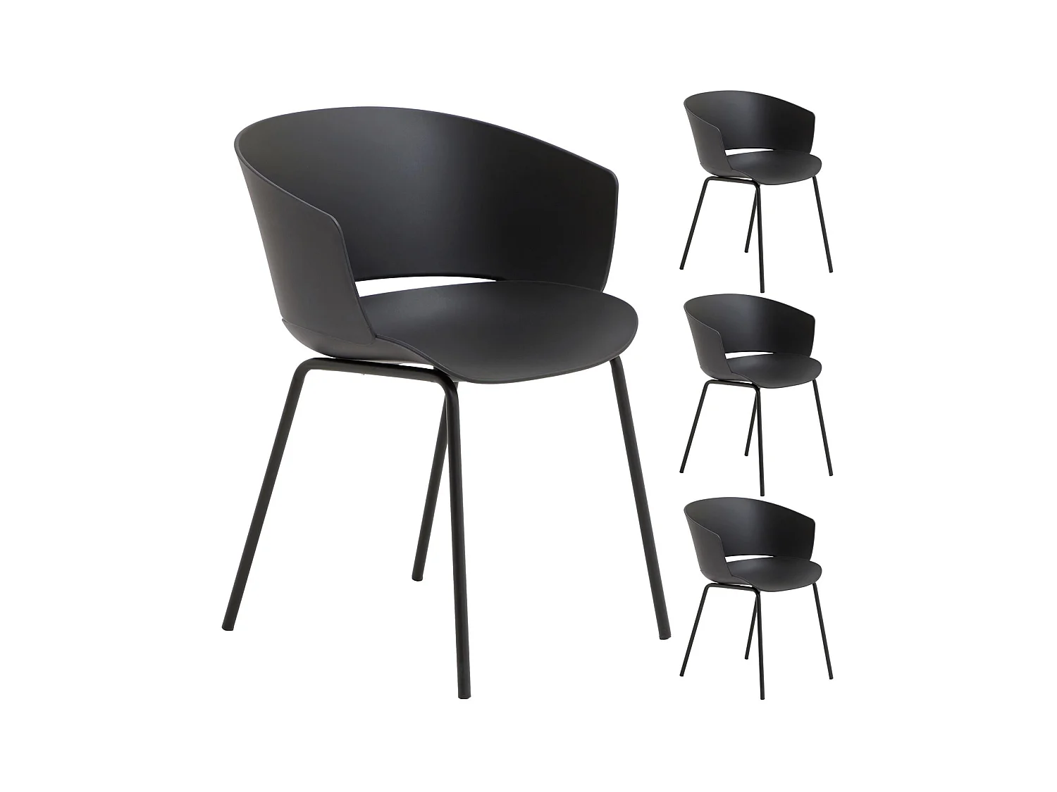 Lot de 4 chaises de jardin NIVEL fauteuil d'extérieur en plastique noir résistant aux UV et pieds en métal noir