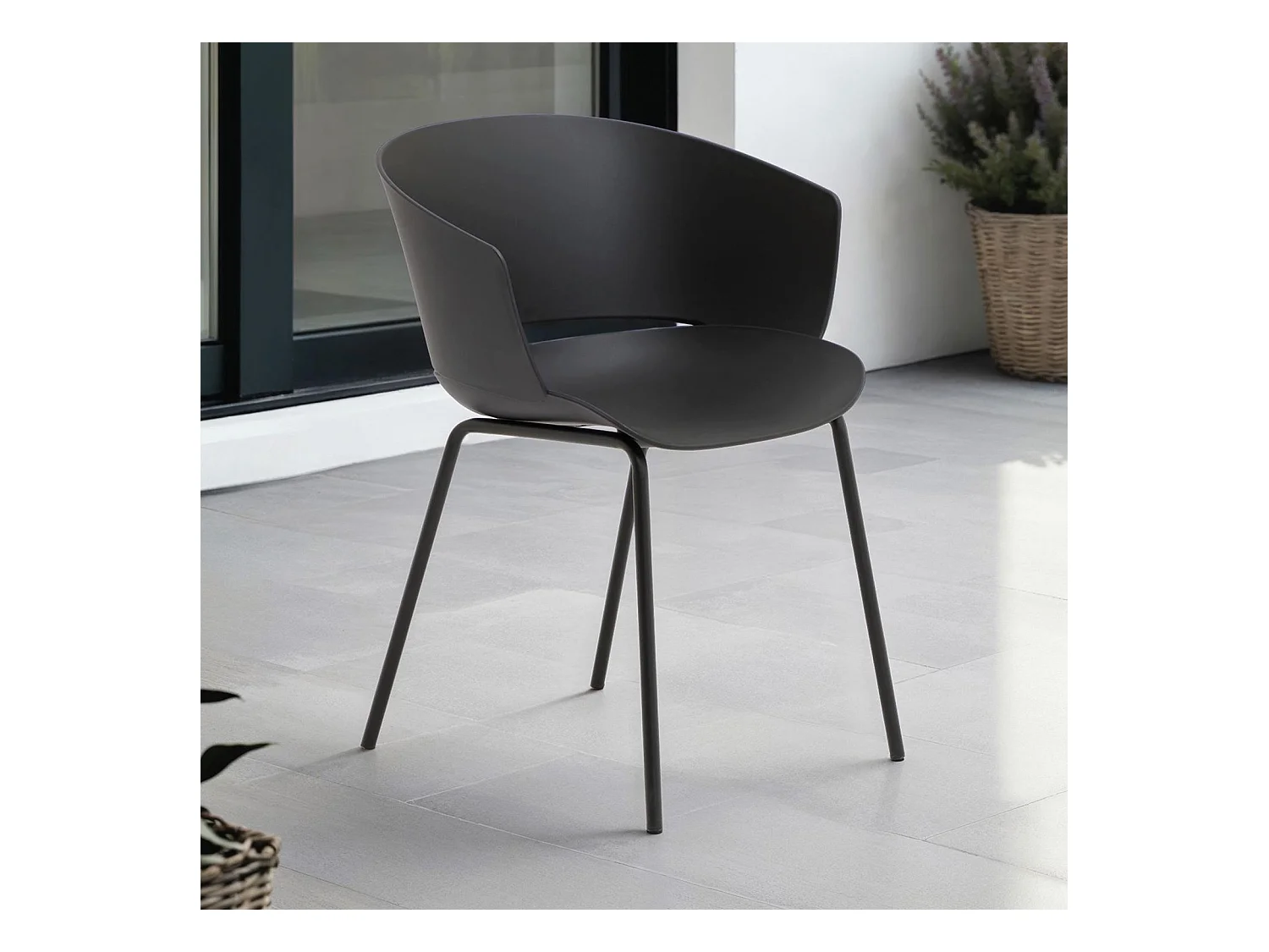 Lot de 4 chaises de jardin NIVEL fauteuil d'extérieur en plastique noir résistant aux UV et pieds en métal noir