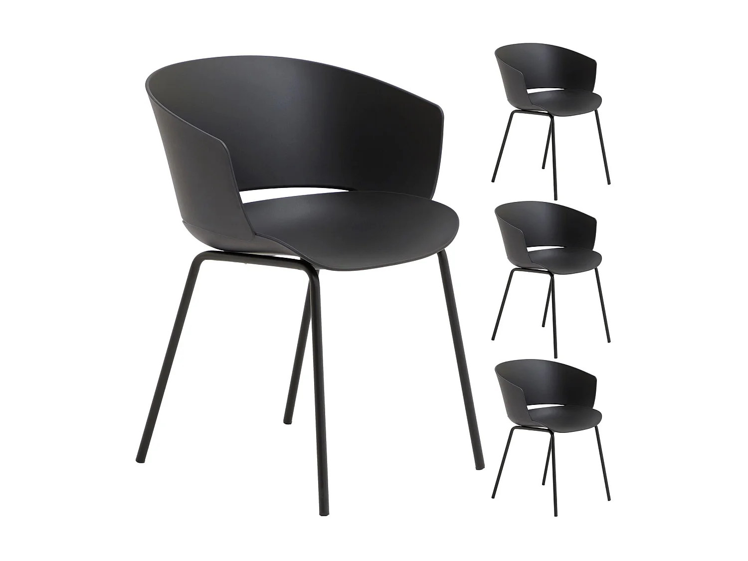 Lot de 4 chaises de jardin NIVEL fauteuil d'extérieur en plastique noir résistant aux UV et pieds en métal noir