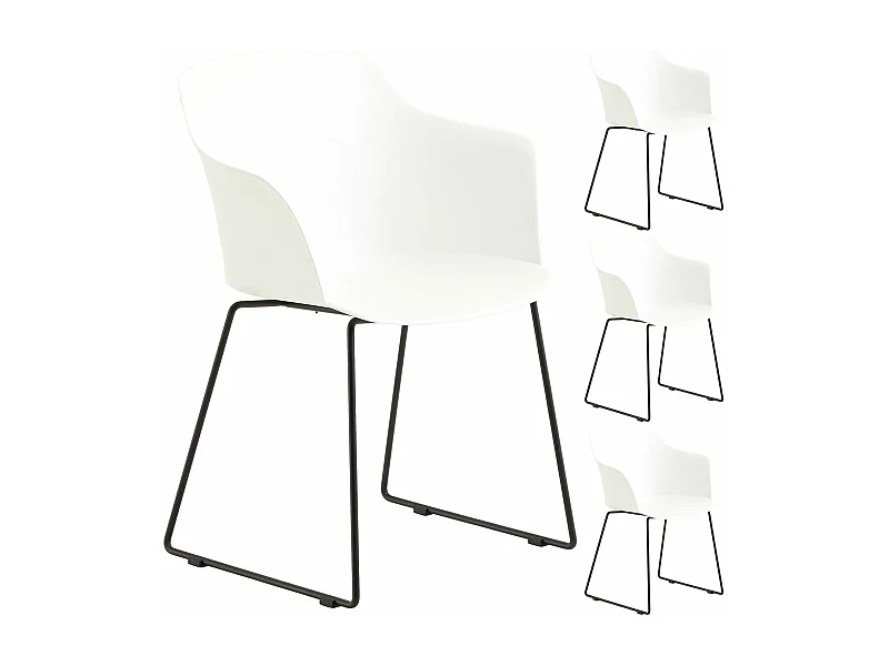 Lot de 4 chaises de jardin FORO fauteuil d'extérieur en plastique blanc résistant aux UV et pieds en métal noir
