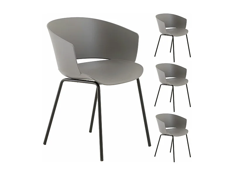 Lot de 4 chaises de jardin NIVEL fauteuil d'extérieur en plastique gris résistant aux UV et pieds en métal noir