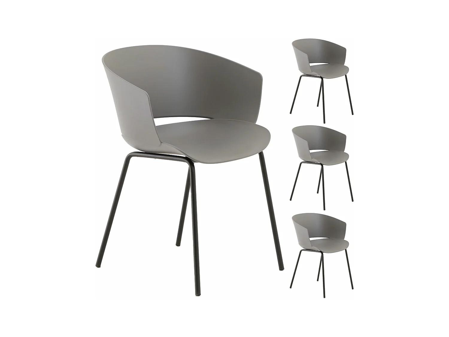 Lot de 4 chaises de jardin NIVEL fauteuil d'extérieur en plastique gris résistant aux UV et pieds en métal noir
