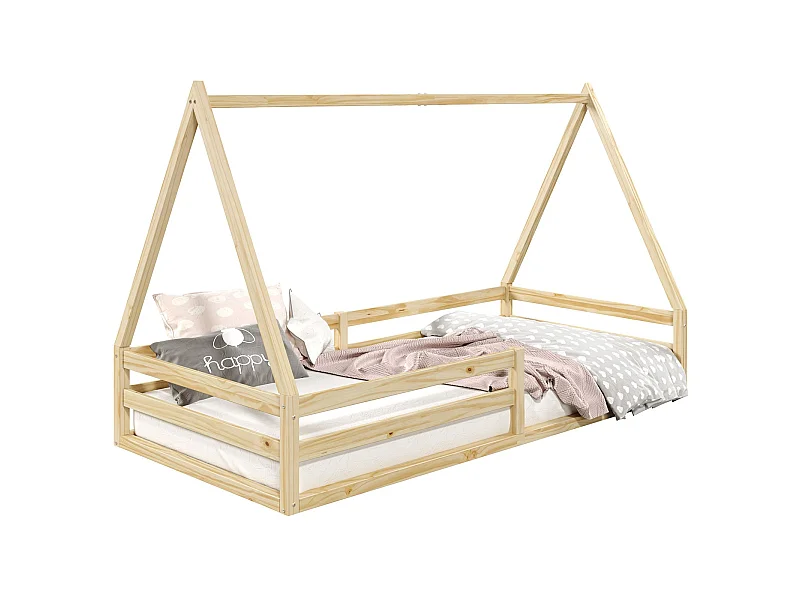 Lit cabane SILA 90x190 cm, lit simple enfant 1 place type Montessori, en pin massif finition naturelle