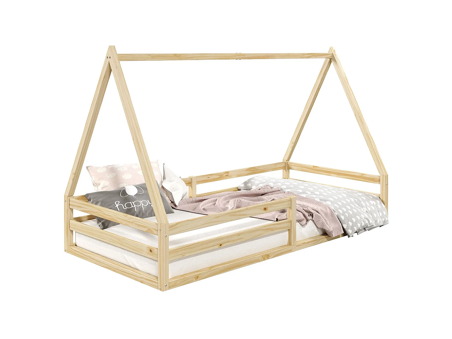 Lit cabane SILA 90x190 cm, lit simple enfant 1 place type Montessori, en pin massif finition naturelle