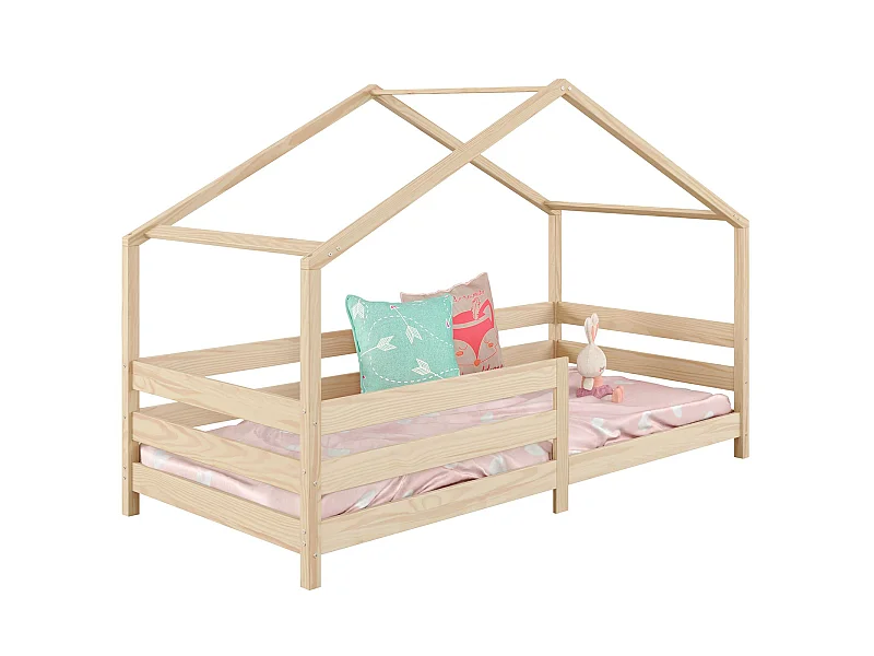 Lit cabane RENA lit simple montessori pour enfant 90 x 190 cm, avec barrières de protection, en pin massif à la finition naturelle