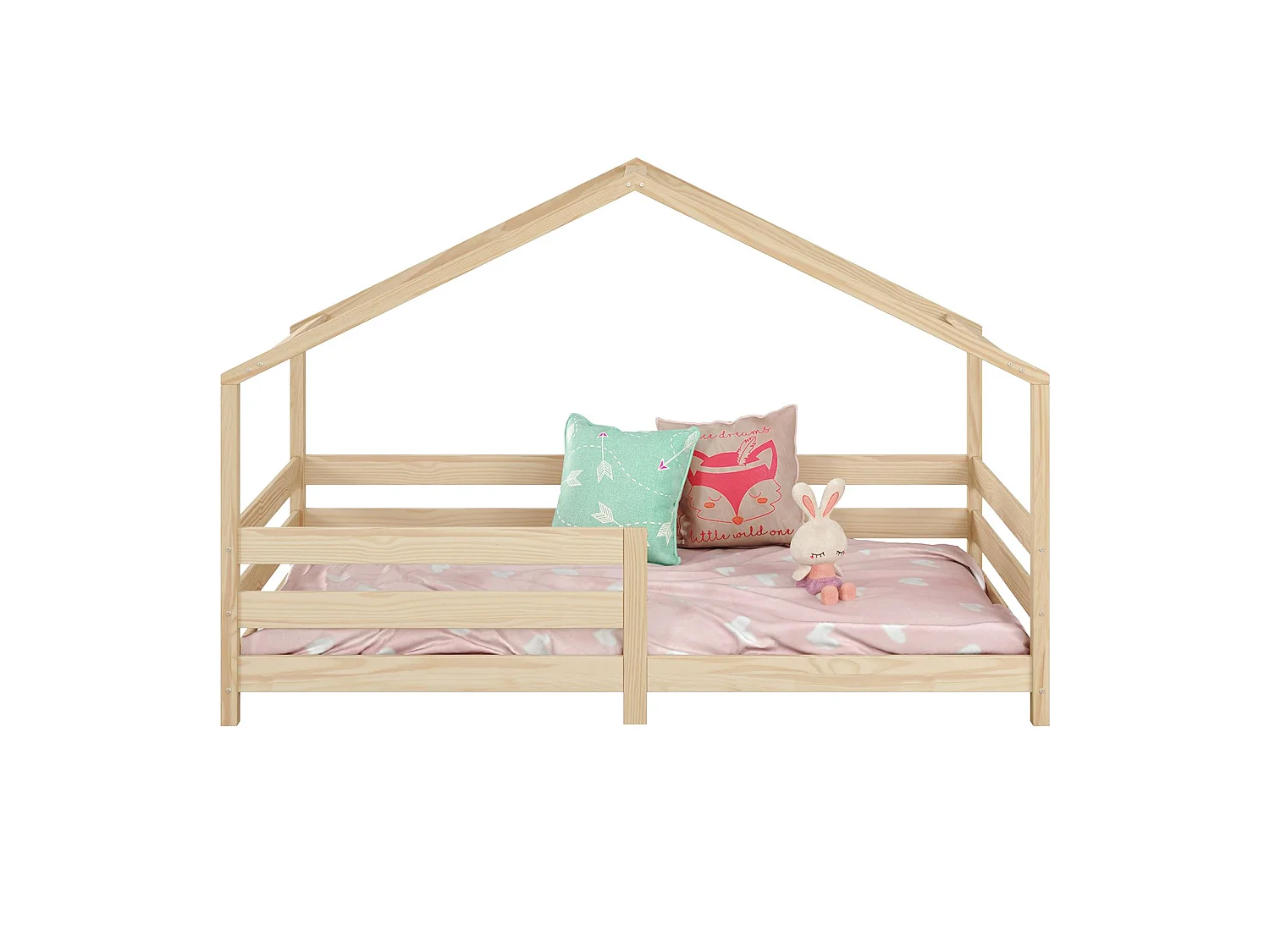 Lit cabane RENA lit simple montessori pour enfant 90 x 190 cm, avec barrières de protection, en pin massif à la finition naturelle