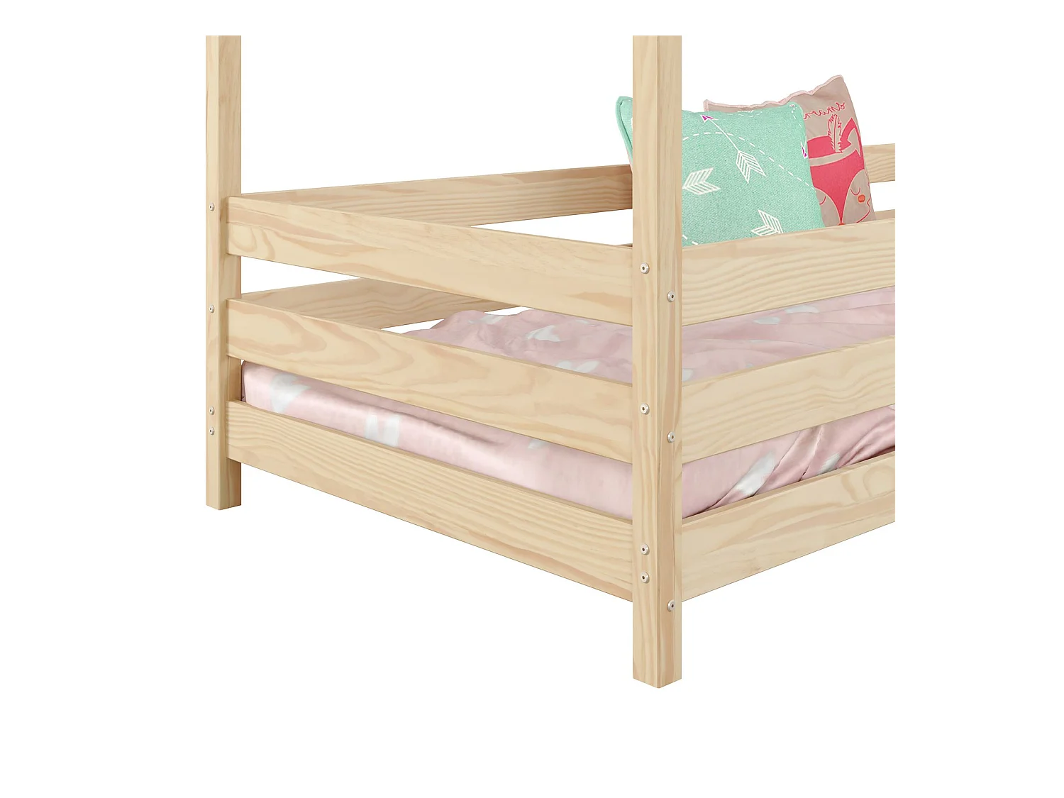 Lit cabane RENA lit simple montessori pour enfant 90 x 190 cm, avec barrières de protection, en pin massif à la finition naturelle