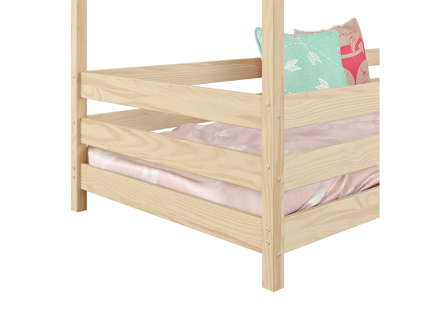 Lit cabane RENA lit simple montessori pour enfant 90 x 190 cm, avec barrières de protection, en pin massif à la finition naturelle