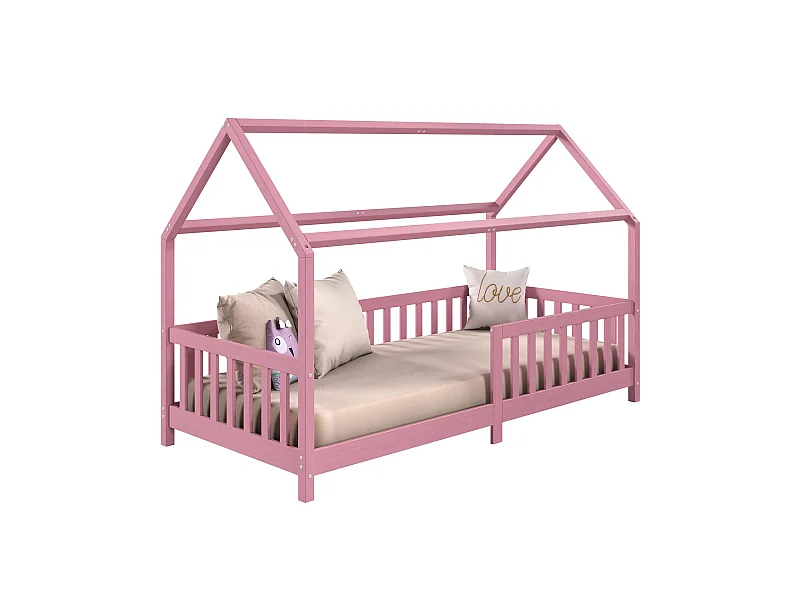 Lit cabane NINA lit enfant simple montessori en bois 90 x 190 cm, en pin massif lasuré rose