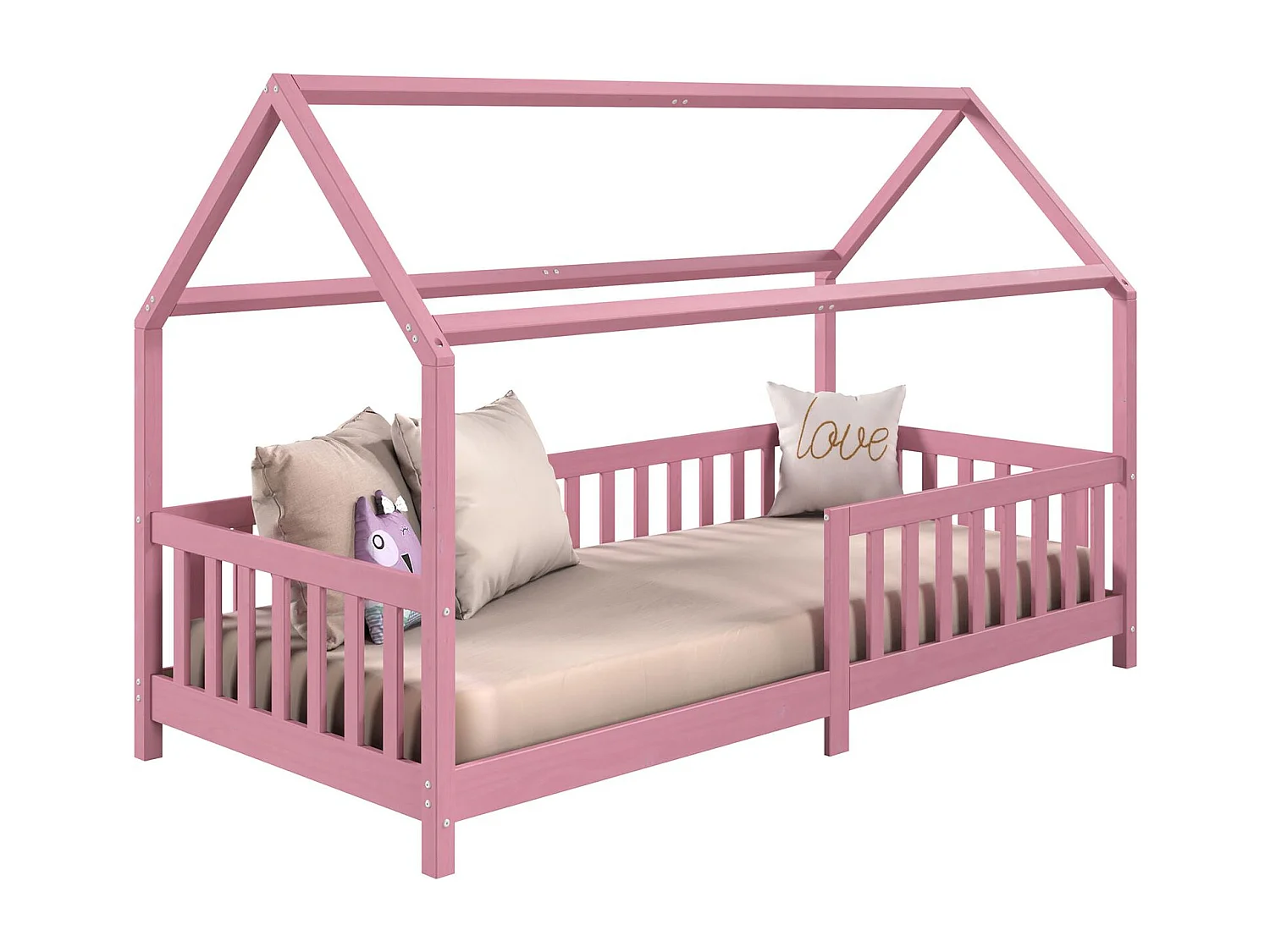Lit cabane NINA lit enfant simple montessori en bois 90 x 190 cm, en pin massif lasuré rose
