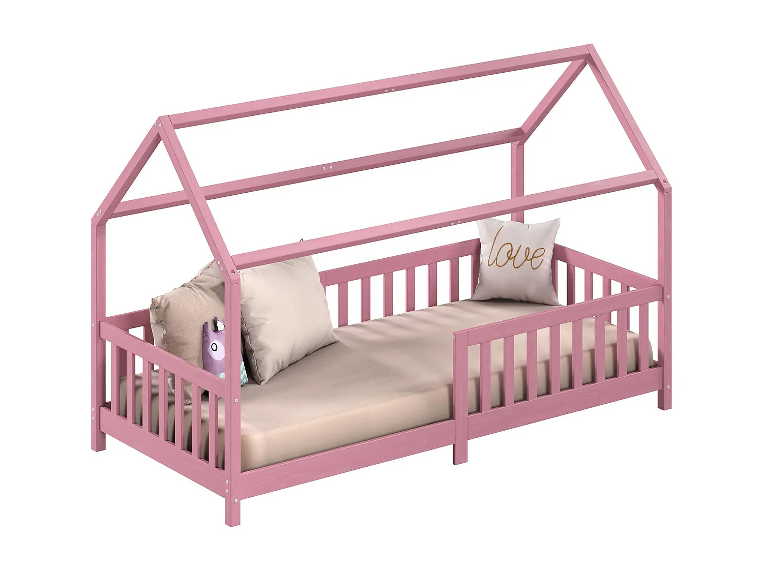 Lit cabane NINA lit enfant simple montessori en bois 90 x 190 cm, en pin massif lasuré rose