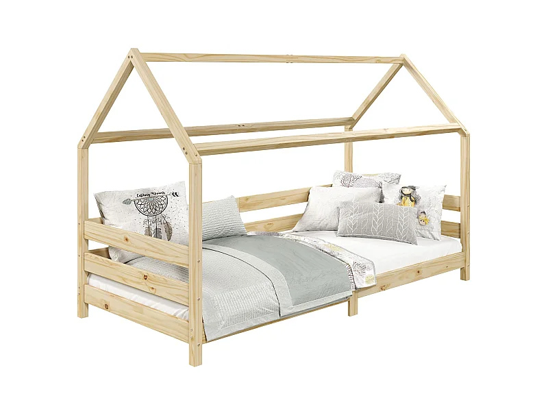Lit cabane FINA lit simple pour enfant montessori 90 x 190 cm, avec barrières de protection sur 3 côtés, en pin massif à la finition