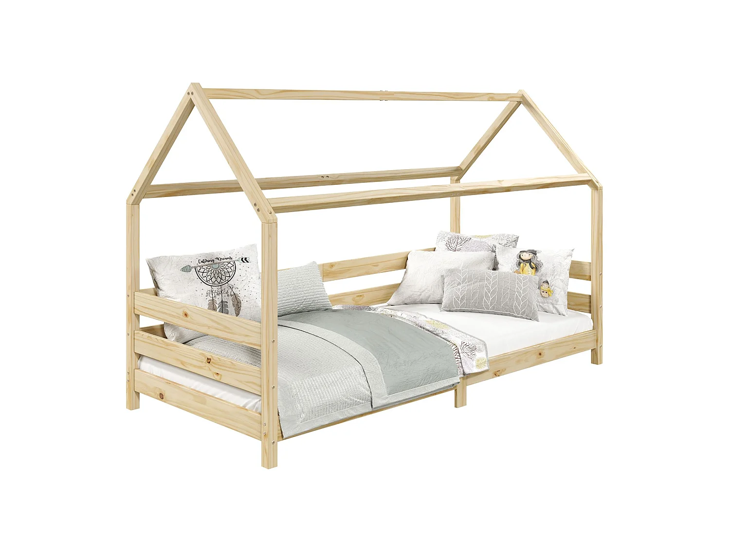 Lit cabane FINA lit simple pour enfant montessori 90 x 190 cm, avec barrières de protection sur 3 côtés, en pin massif à la finition
