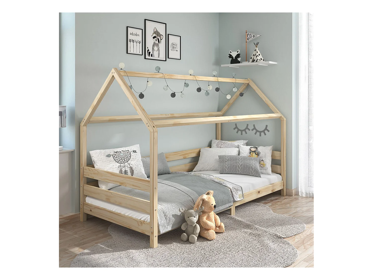 Lit cabane FINA lit simple pour enfant montessori 90 x 190 cm, avec barrières de protection sur 3 côtés, en pin massif à la finition
