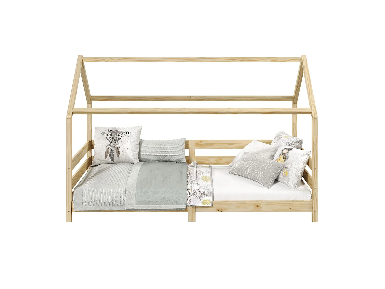 Lit cabane FINA lit simple pour enfant montessori 90 x 190 cm, avec barrières de protection sur 3 côtés, en pin massif à la finition
