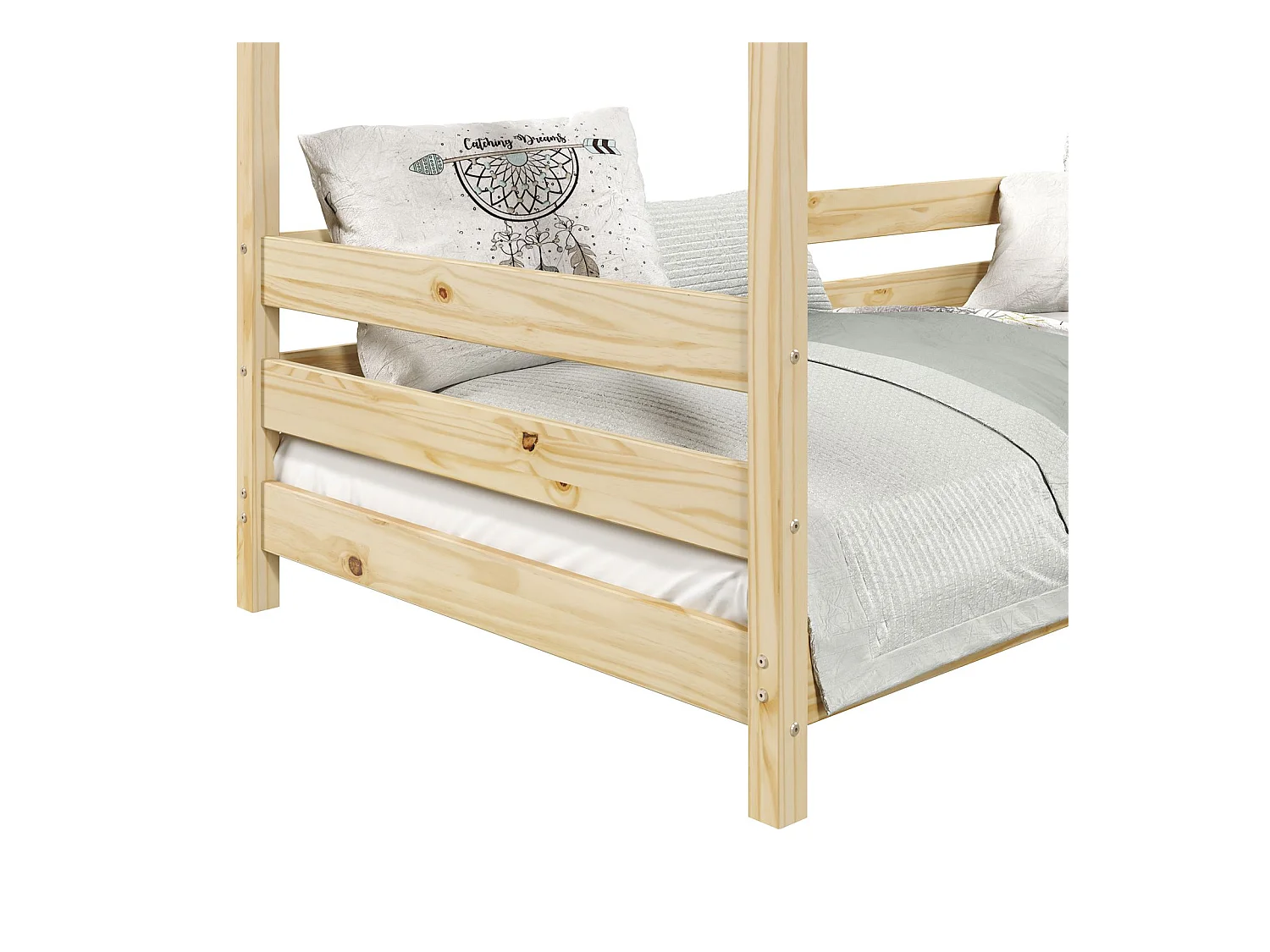 Lit cabane FINA lit simple pour enfant montessori 90 x 190 cm, avec barrières de protection sur 3 côtés, en pin massif à la finition