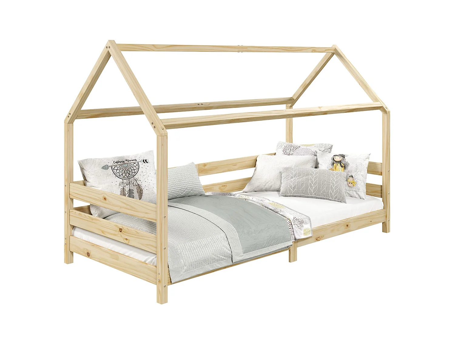 Lit cabane FINA lit simple pour enfant montessori 90 x 190 cm, avec barrières de protection sur 3 côtés, en pin massif à la finition