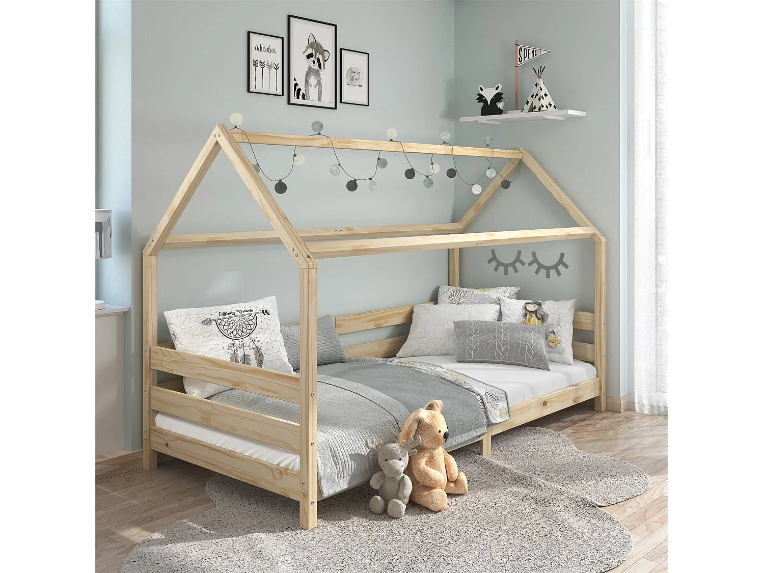 Lit cabane FINA lit simple pour enfant montessori 90 x 190 cm, avec barrières de protection sur 3 côtés, en pin massif à la finition