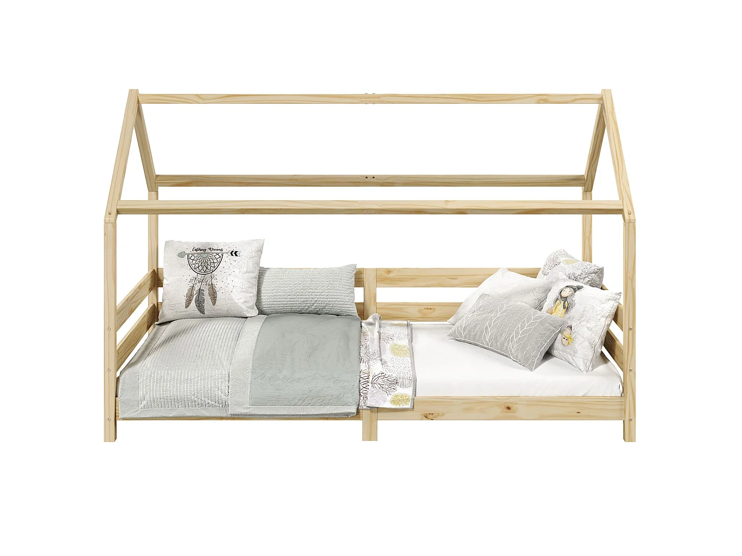 Lit cabane FINA lit simple pour enfant montessori 90 x 190 cm, avec barrières de protection sur 3 côtés, en pin massif à la finition