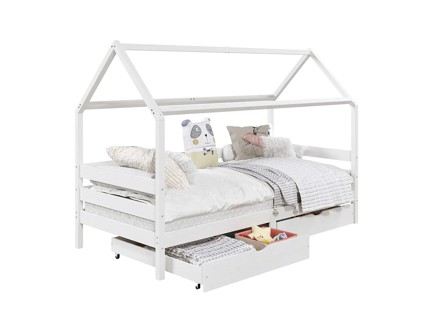 Lit cabane CLIA lit simple pour enfant montessori 90 x 190 cm avec rangement 2 tiroirs et barrières de protection, en massif blanc