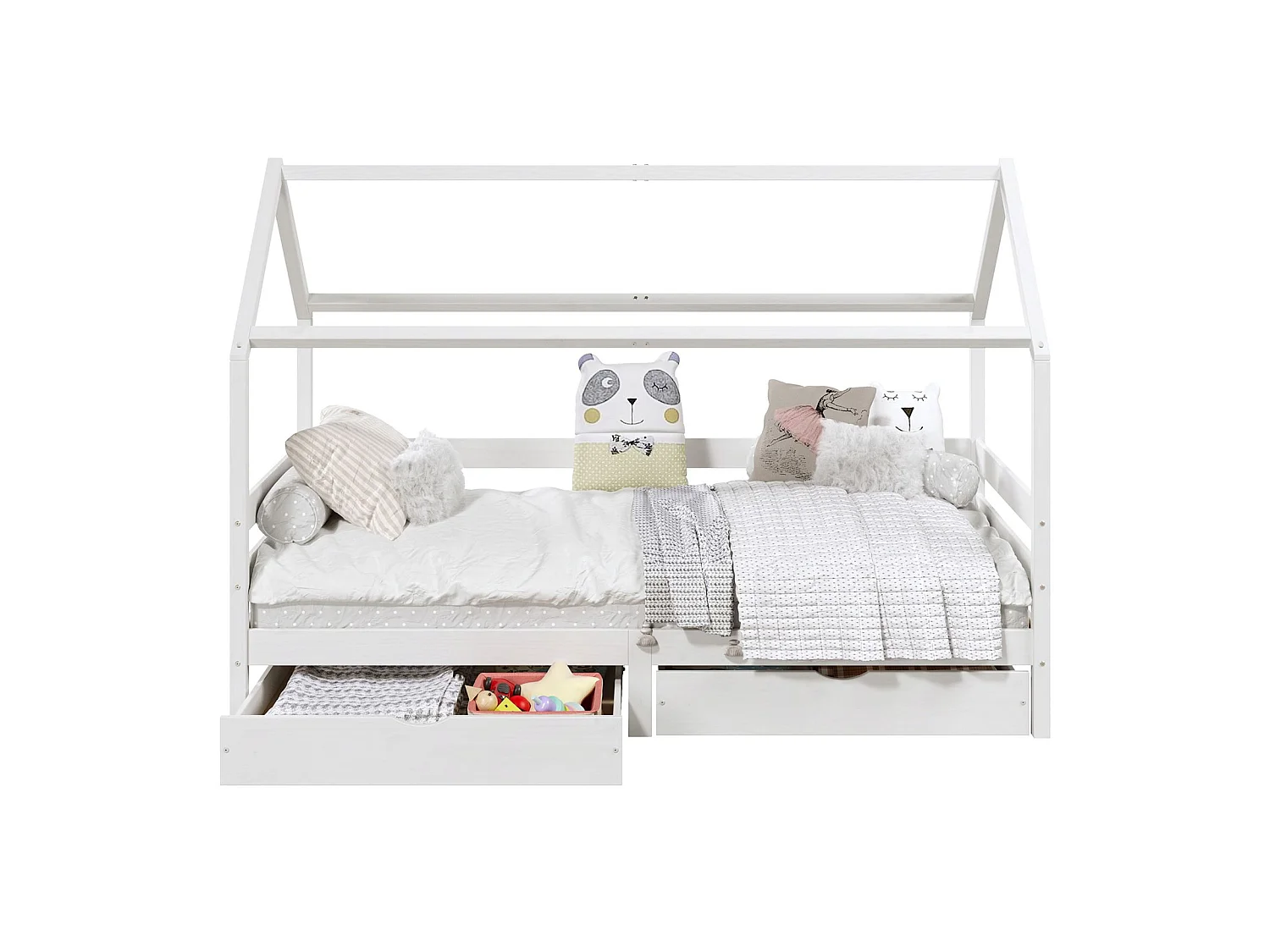 Lit cabane CLIA lit simple pour enfant montessori 90 x 190 cm avec rangement 2 tiroirs et barrières de protection, en massif blanc