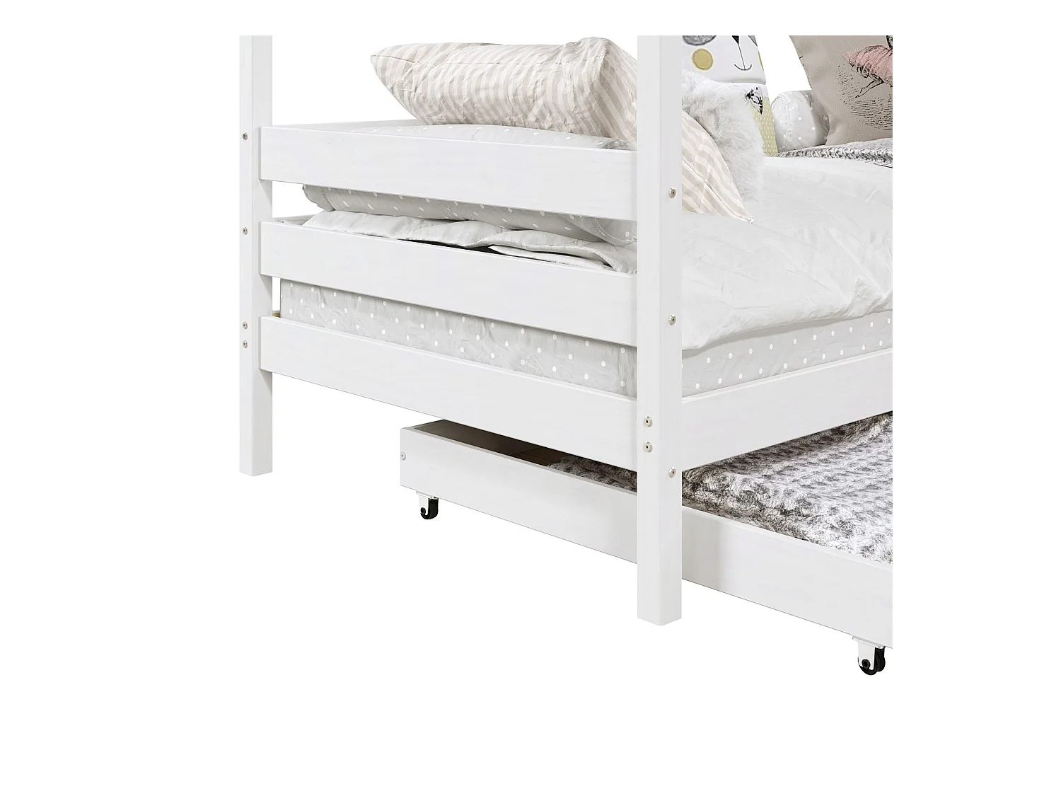 Lit cabane CLIA lit simple pour enfant montessori 90 x 190 cm avec rangement 2 tiroirs et barrières de protection, en massif blanc