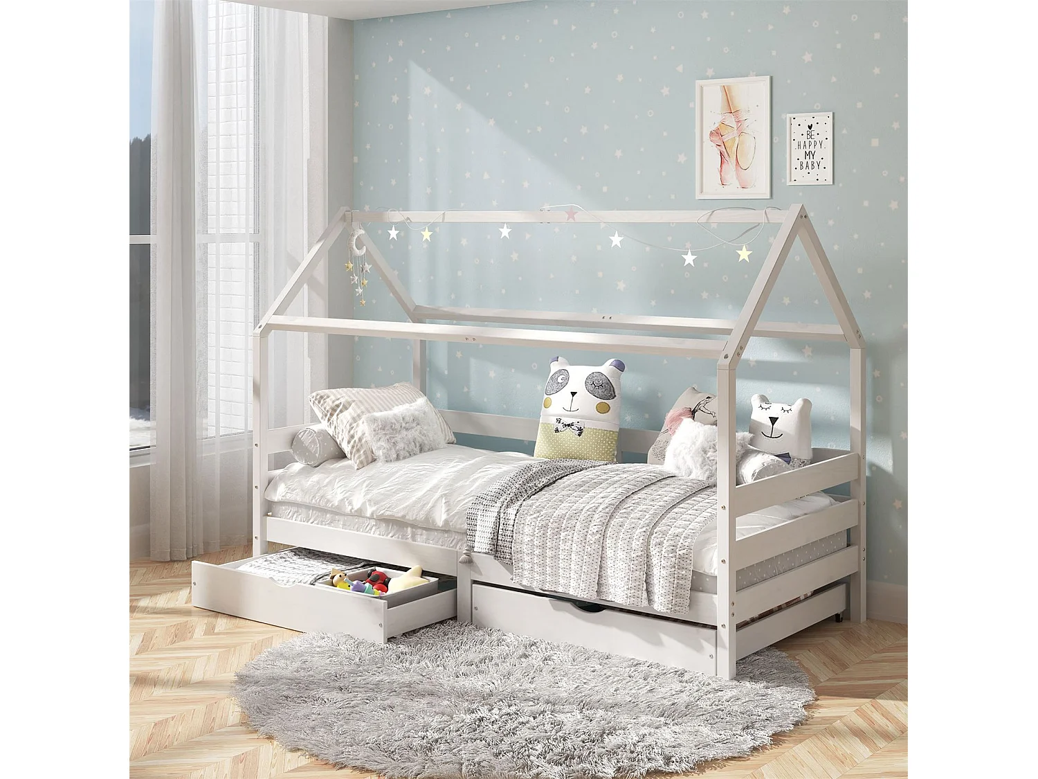 Lit cabane CLIA lit simple pour enfant montessori 90 x 190 cm avec rangement 2 tiroirs et barrières de protection, en massif blanc