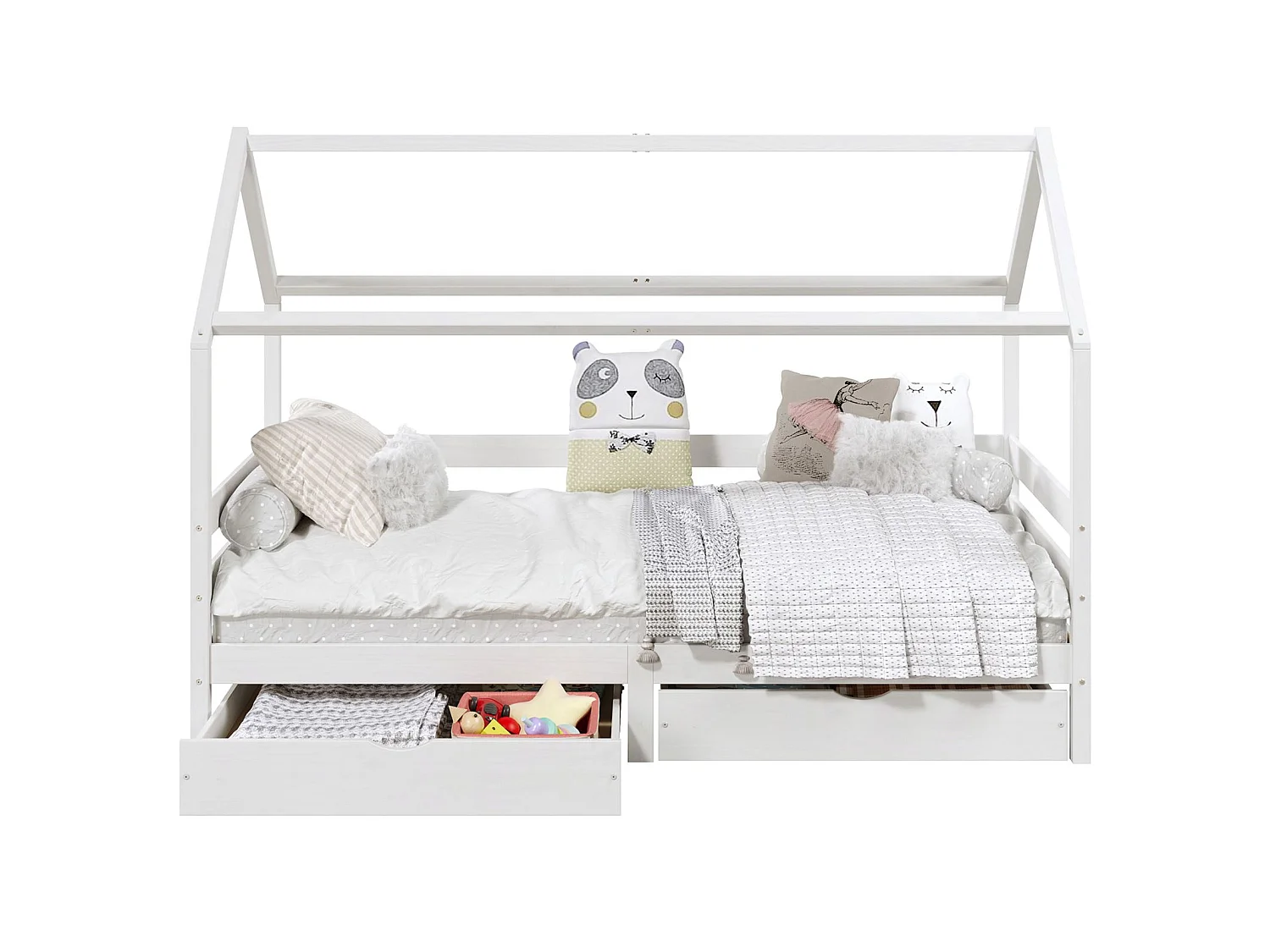 Lit cabane CLIA lit simple pour enfant montessori 90 x 190 cm avec rangement 2 tiroirs et barrières de protection, en massif blanc