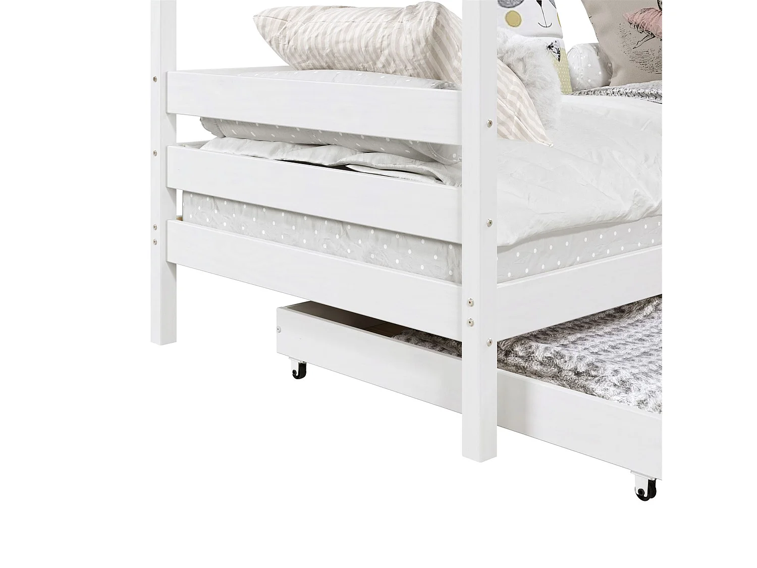 Lit cabane CLIA lit simple pour enfant montessori 90 x 190 cm avec rangement 2 tiroirs et barrières de protection, en massif blanc