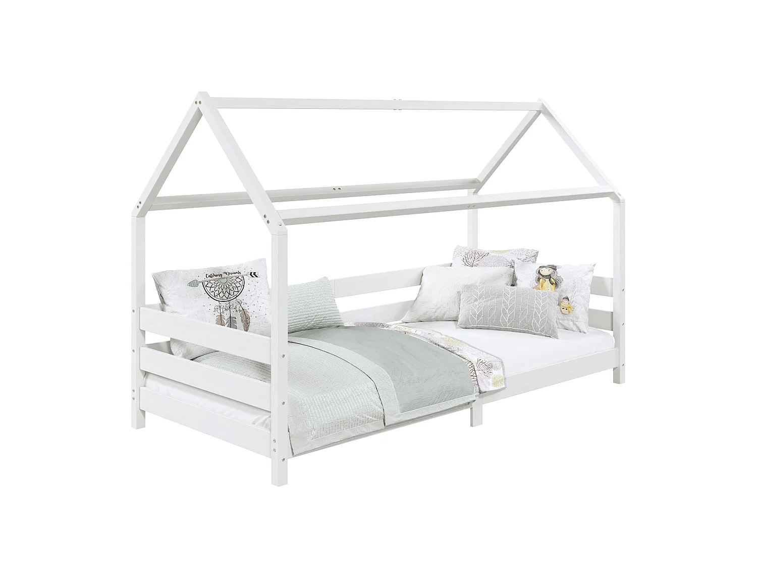 Lit cabane FINA lit simple pour enfant montessori 90 x 190 cm, avec barrières de protection sur 3 côtés, en pin massif lasuré blanc