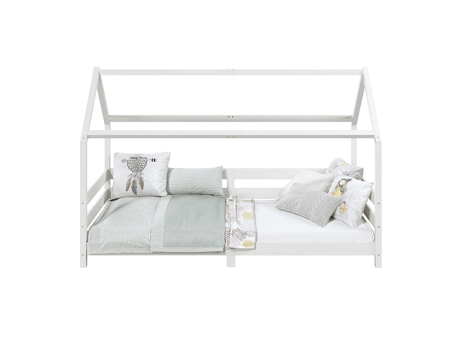 Lit cabane FINA lit simple pour enfant montessori 90 x 190 cm, avec barrières de protection sur 3 côtés, en pin massif lasuré blanc