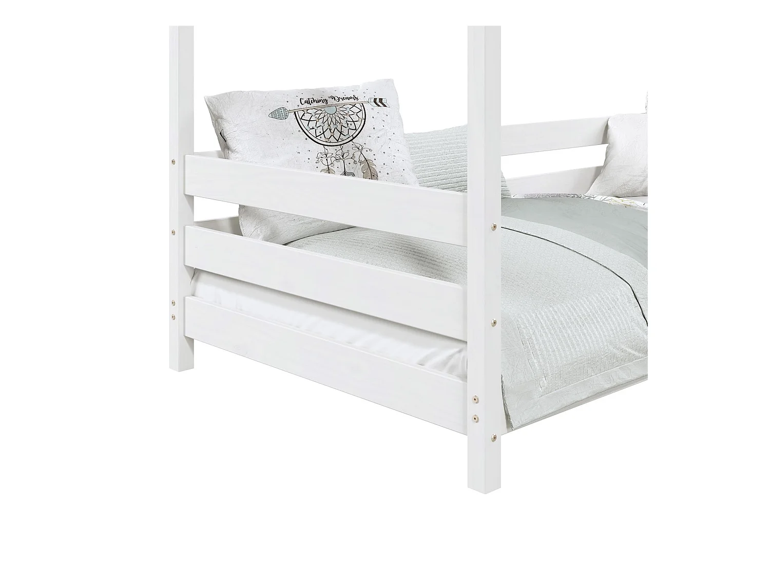Lit cabane FINA lit simple pour enfant montessori 90 x 190 cm, avec barrières de protection sur 3 côtés, en pin massif lasuré blanc