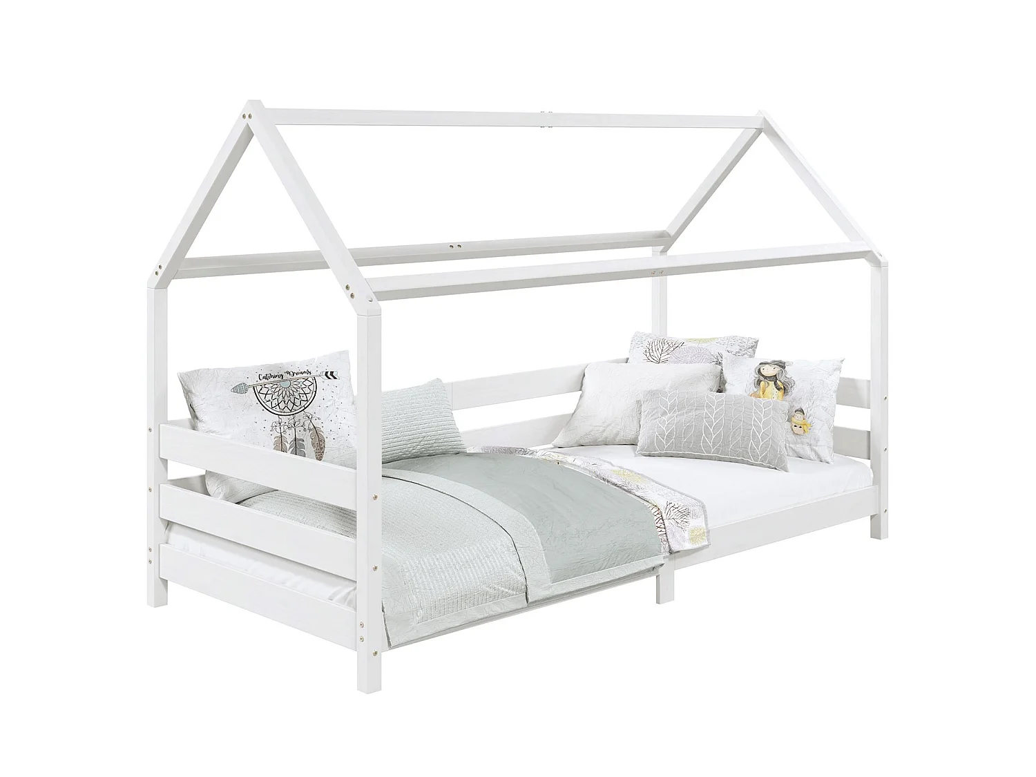Lit cabane FINA lit simple pour enfant montessori 90 x 190 cm, avec barrières de protection sur 3 côtés, en pin massif lasuré blanc