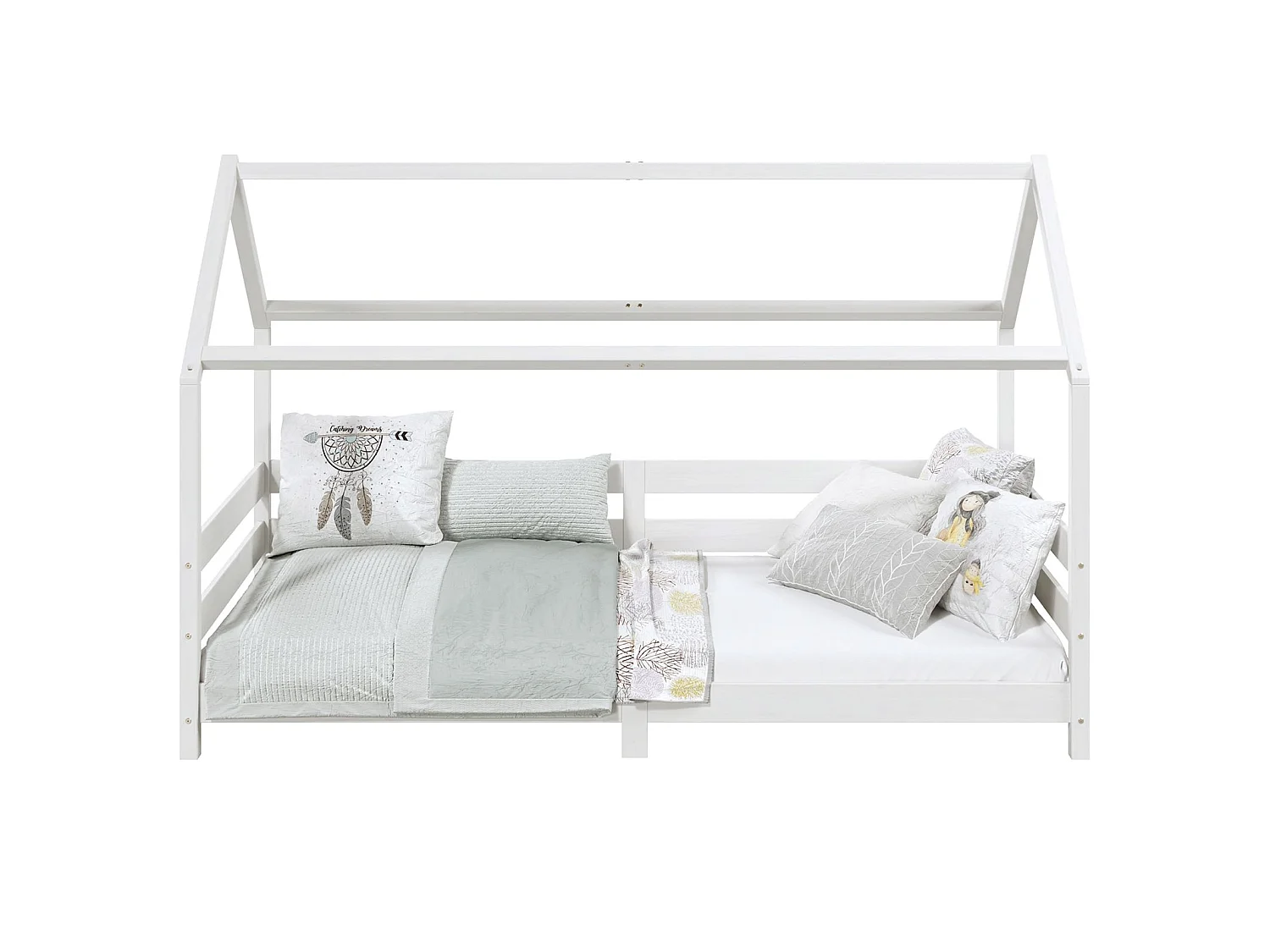 Lit cabane FINA lit simple pour enfant montessori 90 x 190 cm, avec barrières de protection sur 3 côtés, en pin massif lasuré blanc