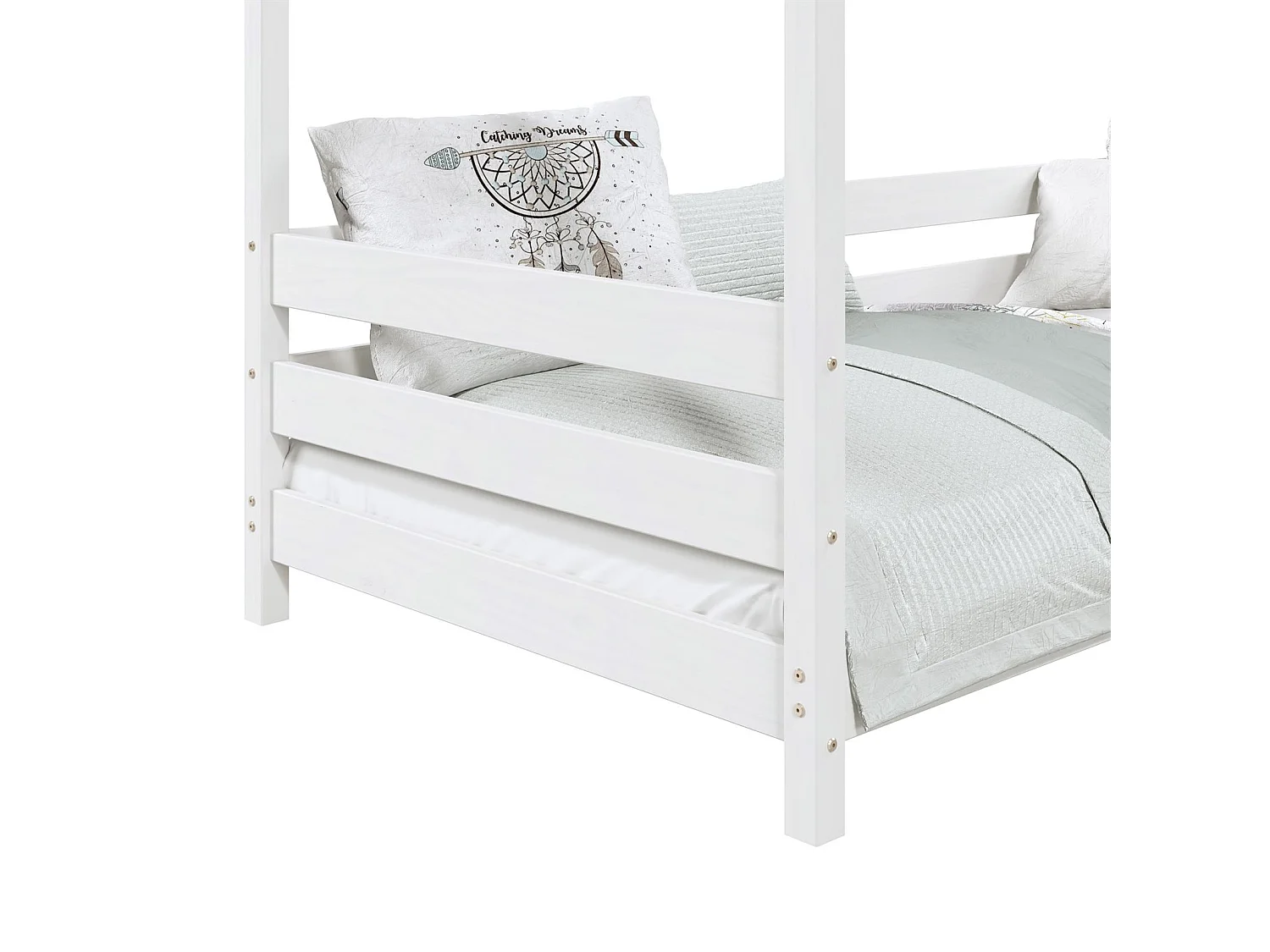 Lit cabane FINA lit simple pour enfant montessori 90 x 190 cm, avec barrières de protection sur 3 côtés, en pin massif lasuré blanc