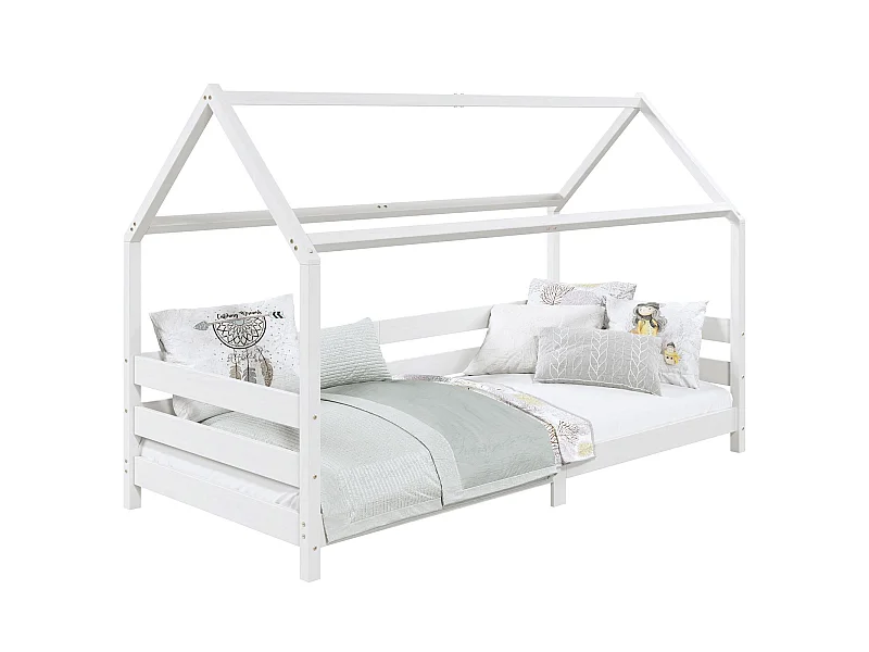 Lit cabane FINA lit simple pour enfant montessori 90 x 190 cm, avec barrières de protection sur 3 côtés, en pin massif lasuré blanc