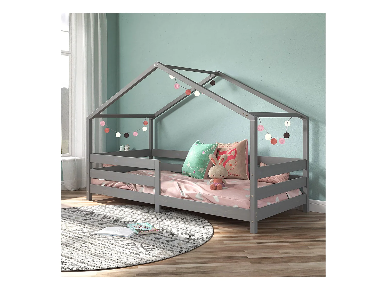 Lit cabane RENA lit simple montessori pour enfant 90 x 190 cm, avec barrières de protection, en pin massif lasuré gris