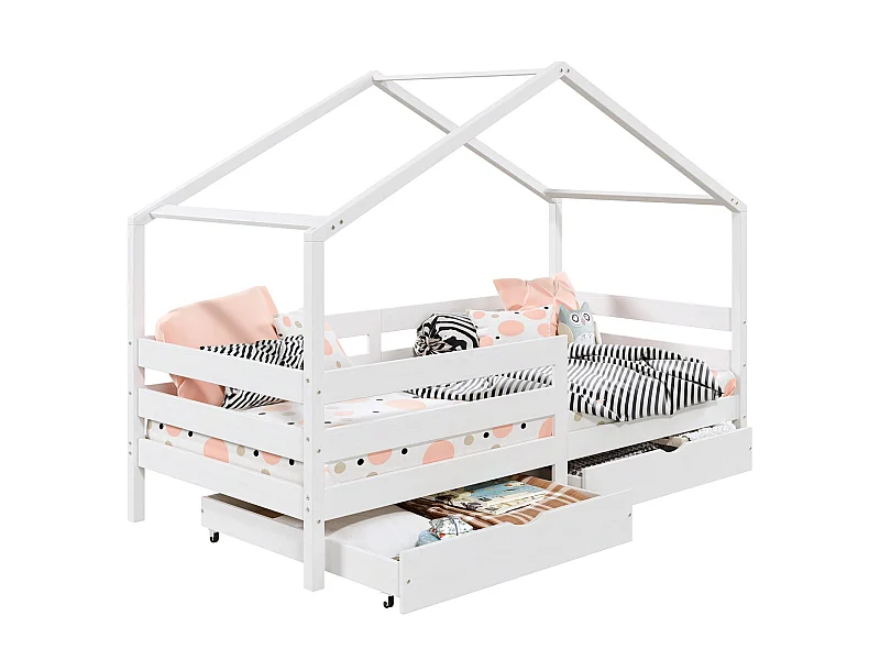 Lit cabane ENA lit enfant simple montessori 90 x 190 cm, avec 2 tiroirs de rangement, en pin massif lasuré blanc