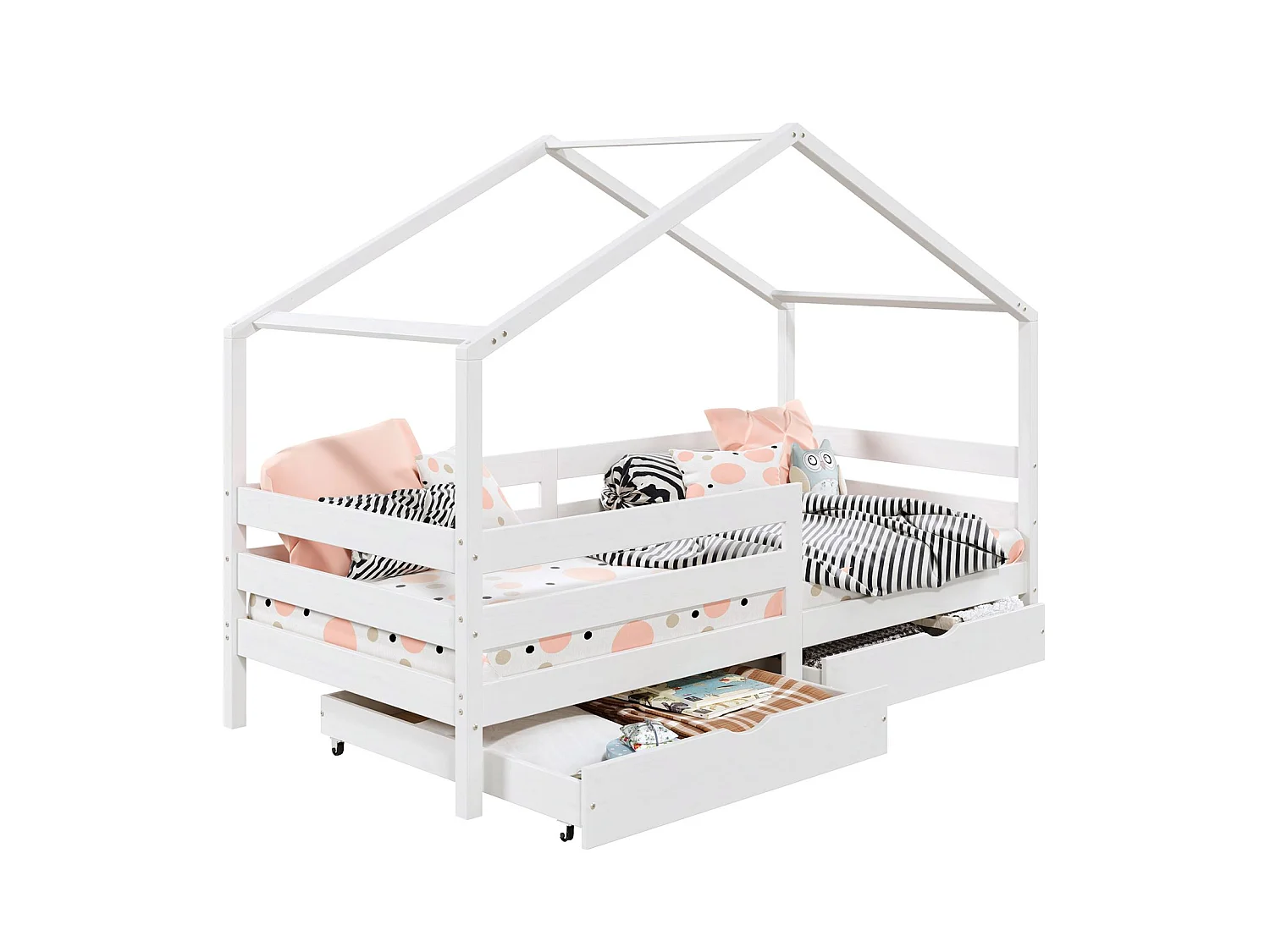 Lit cabane ENA lit enfant simple montessori 90 x 190 cm, avec 2 tiroirs de rangement, en pin massif lasuré blanc