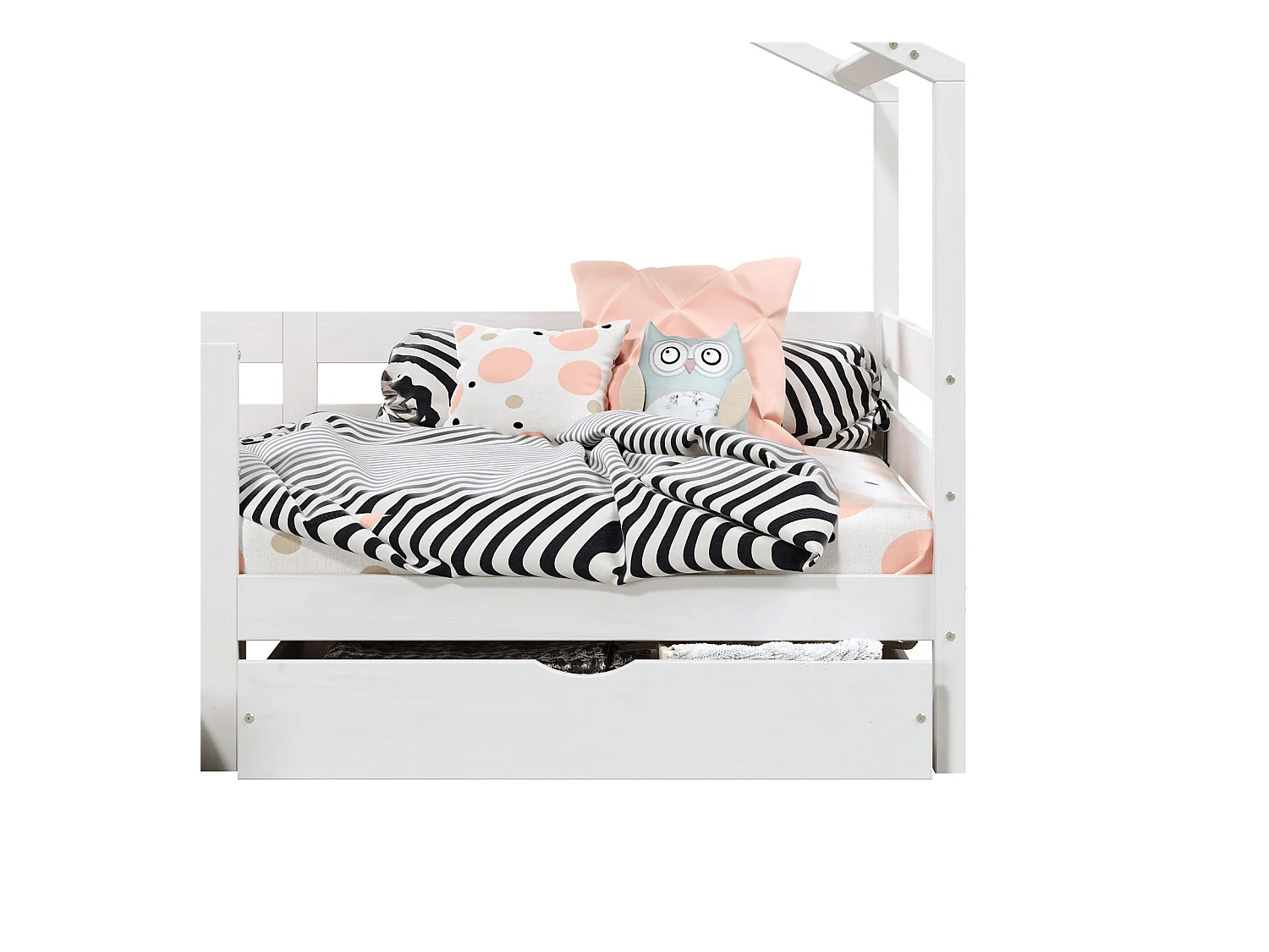 Lit cabane ENA lit enfant simple montessori 90 x 190 cm, avec 2 tiroirs de rangement, en pin massif lasuré blanc