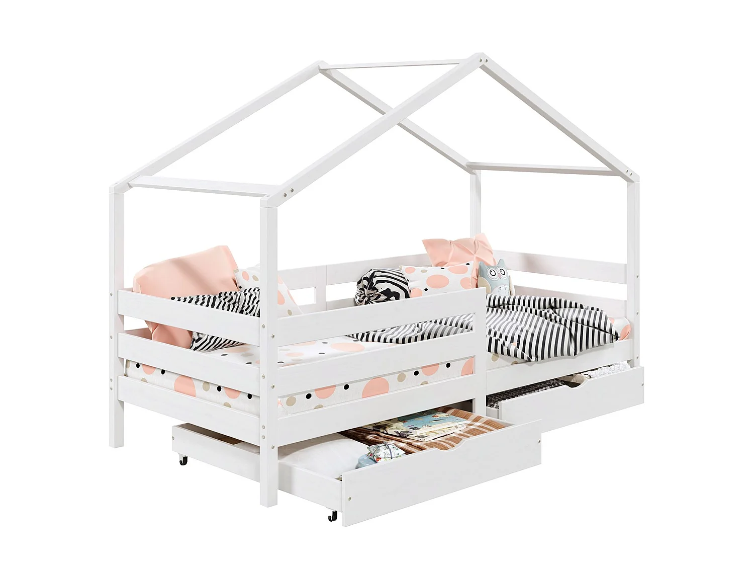 Lit cabane ENA lit enfant simple montessori 90 x 190 cm, avec 2 tiroirs de rangement, en pin massif lasuré blanc
