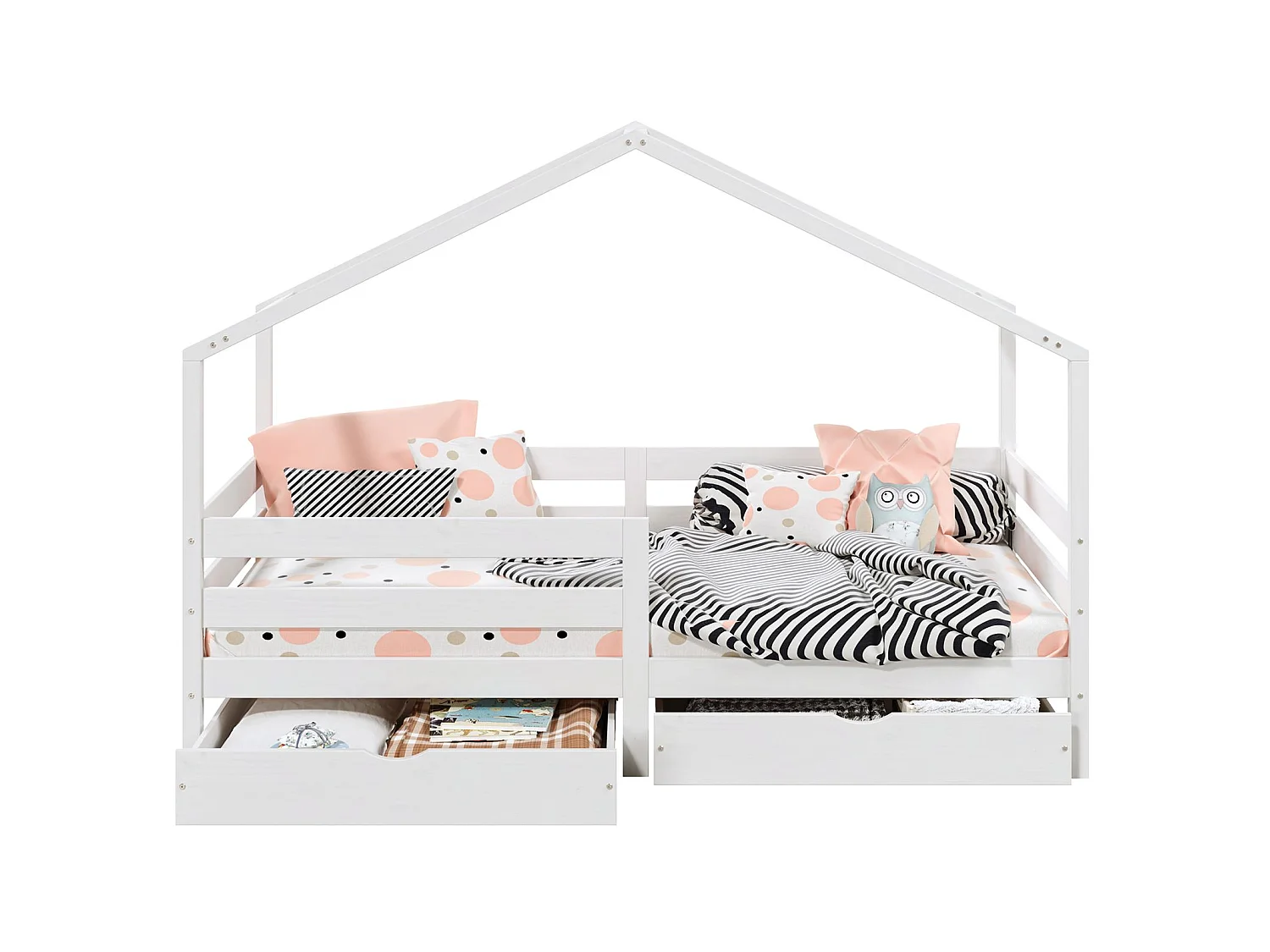 Lit cabane ENA lit enfant simple montessori 90 x 190 cm, avec 2 tiroirs de rangement, en pin massif lasuré blanc